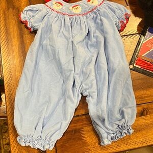 Blue Babeeni Baby Romper with Santa Christmas Embroidery Smocked 6 Month EUC